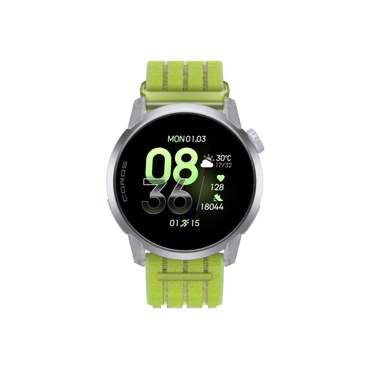 Front view of the COROS PACE 4 Cloud White Watch Body with Yellow Crystal Nylon Band